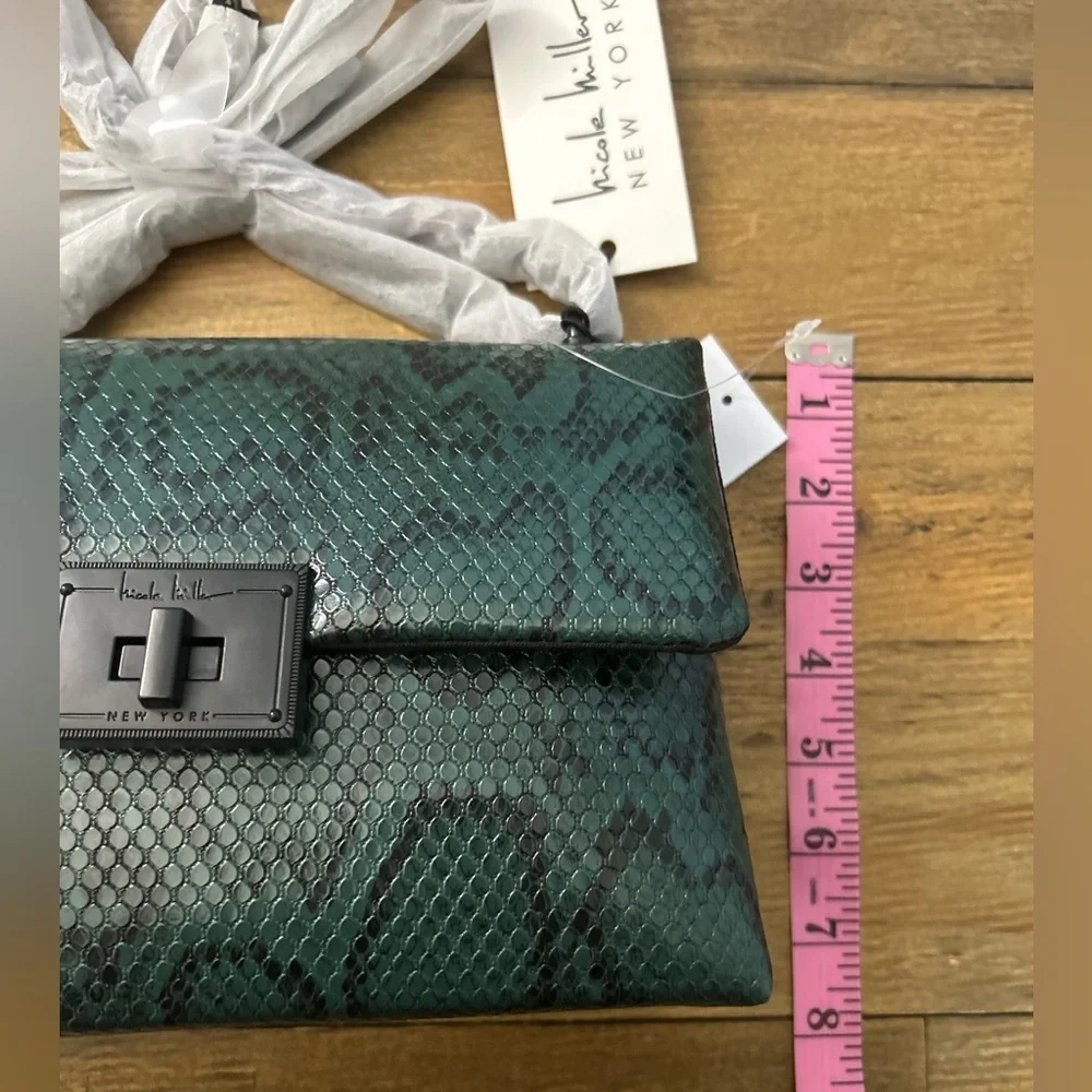 NICOLE MILLER Green Snakeskin Embossed Foldover Clutch with  Black Chain Strap